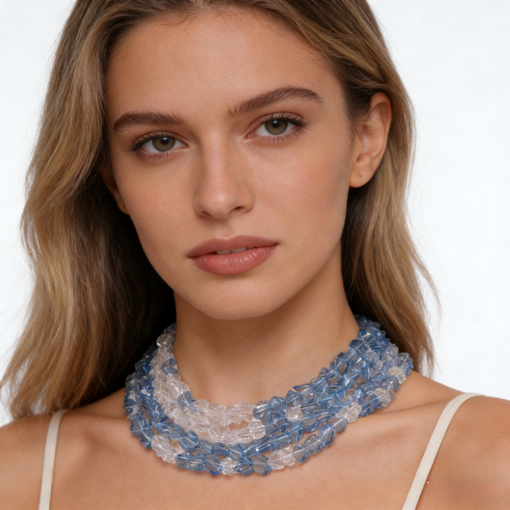 Collar de cristales azules y blancos degradados "Foggy Sea Ice" - Gargantilla estilo resort
