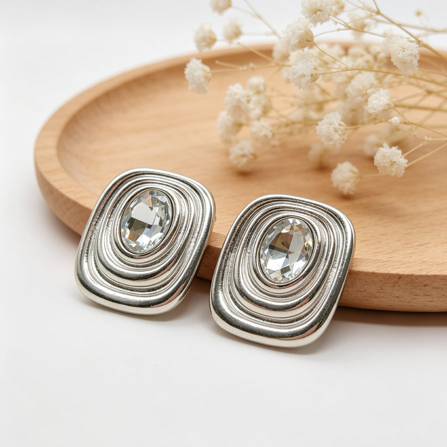 Pendientes Geométricos Vintage con Piedra Ovalada - Dorado/Plateado, Bisutería de Moda al Por Mayor para Mujeres|JI JOYA