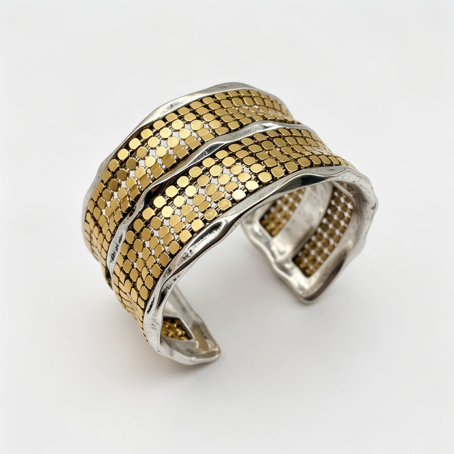 Brazalete de Lujo en Plata y Oro de Dos Tonos - Diseño de Malla Ondulada para Mayoristas|JI JOYA