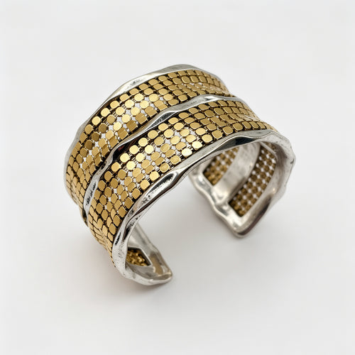 Brazalete de Lujo en Plata y Oro de Dos Tonos - Diseño de Malla Ondulada para Mayoristas|JI JOYA
