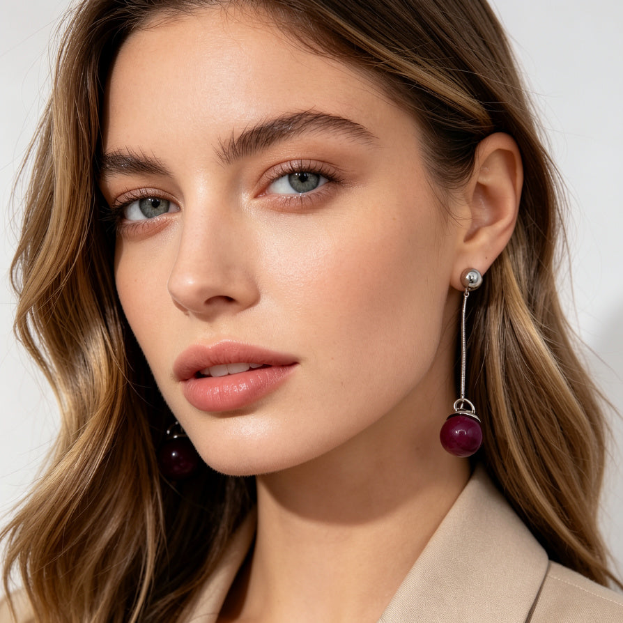 Aretes Colgantes de Cadena con Bola de Piedra de Colores | Joyería al Por Mayor|JI JOYA