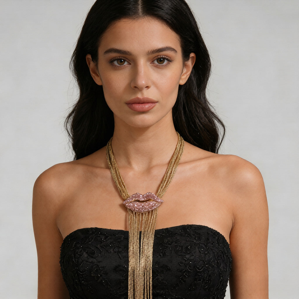 Collar de Labios de Cristal Rosa con Flecos Dorados - Colección Glamour