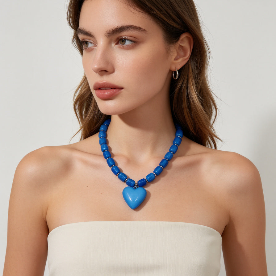 Collar de Corazón Azul Moda Mayorista - Collar de Cuentas Resina Azul Clásico para Mujer|JI JOYA