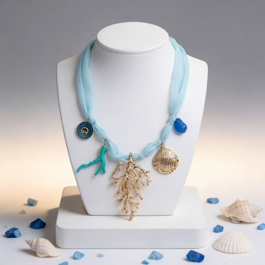Collar de Verano con Concha y Coral - Collar de Tela Azul Claro para Mujer, Joyería de Playa Boho|JI JOYA