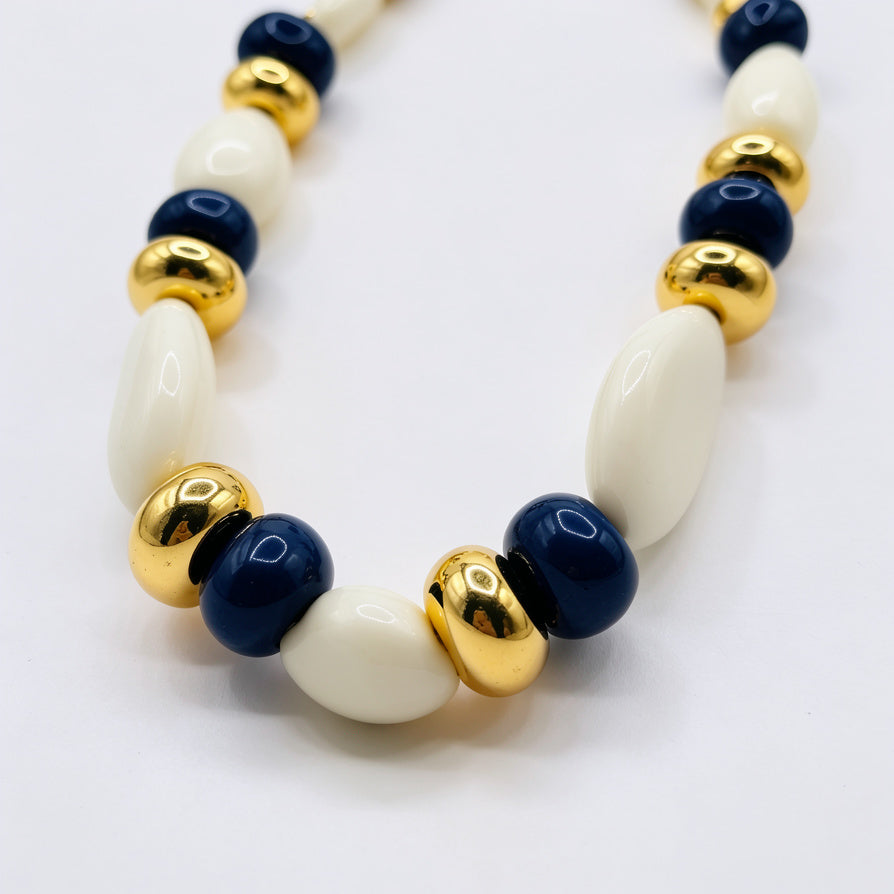 Collar de Cuentas Grande Azul Marino, Blanco y Dorado | Joyería de Moda al Por Mayor|JI JOYA