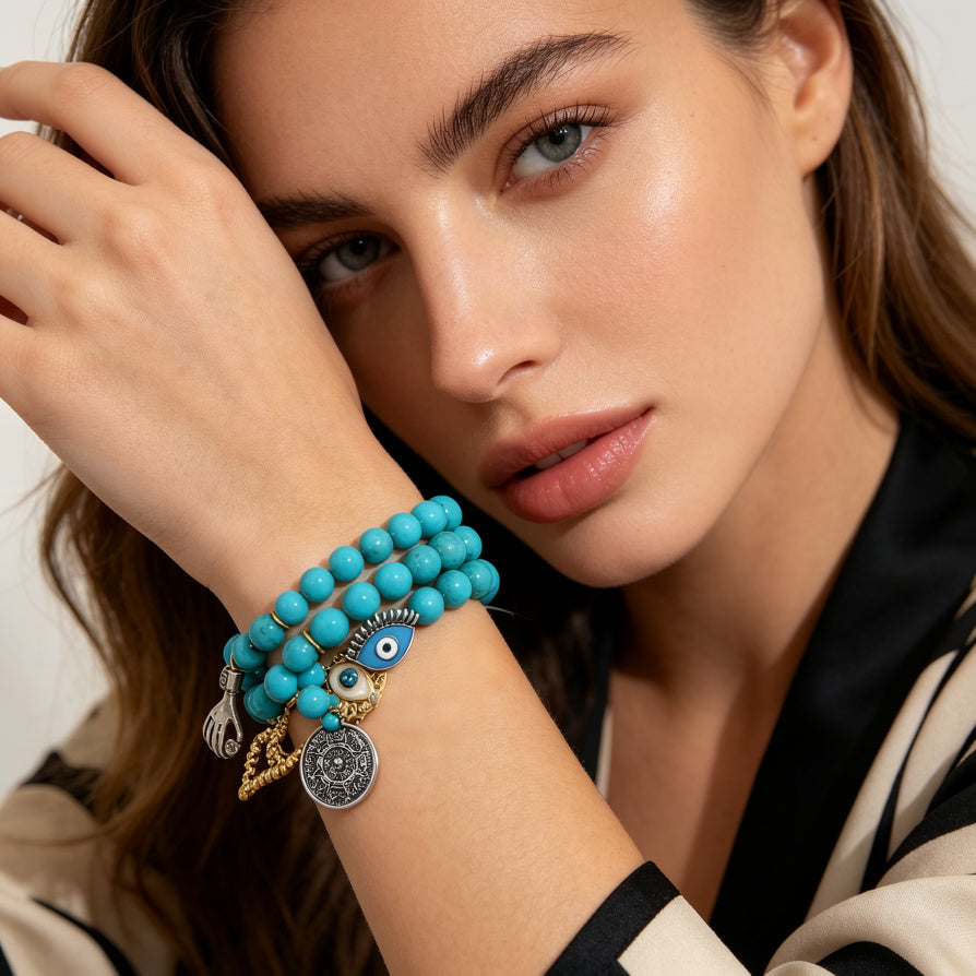Pulsera Turquesa Ojo Turco Multi Capas, Bisutería Moda Protección Amuleto, Venta Mayorista Joyería Artesanal Mujer|JI JOYA