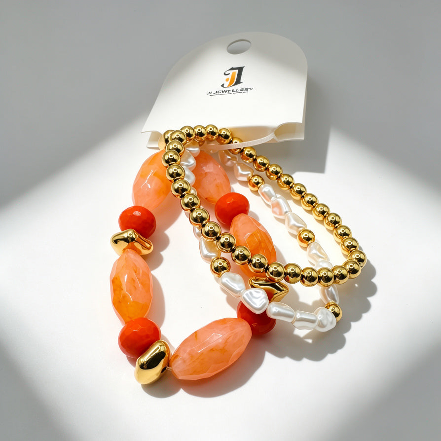 Pulseras de Perlas y Piedras de Colores - Set de 3 Piezas con Baño de Oro para Mujer | Joyería al Por Mayor|JI JOYA