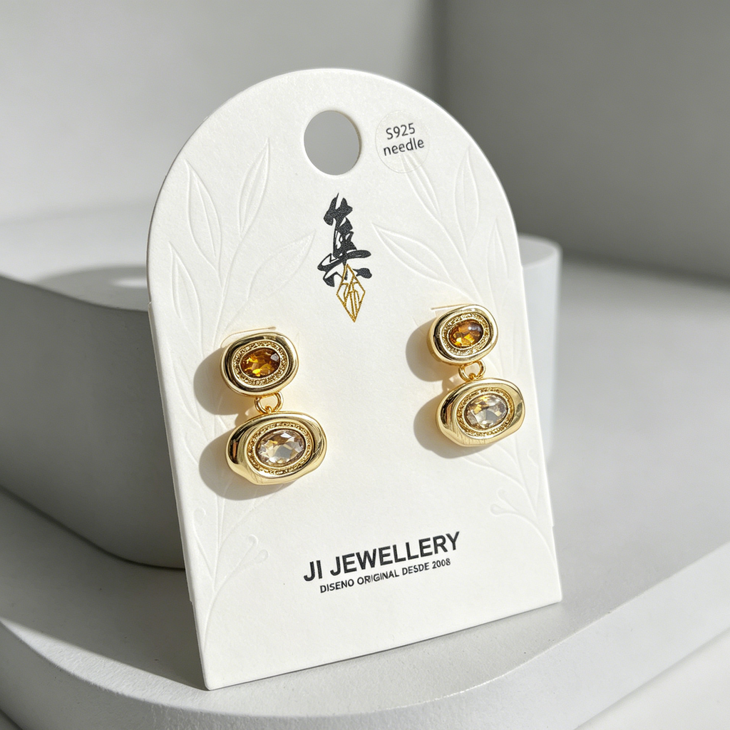 Pendientes Doble Óvalo con Piedra de Cristal | 3 Colores Disponibles | Mayorista B2B | Aguja S925 Hipoalergénica|JI JOYA