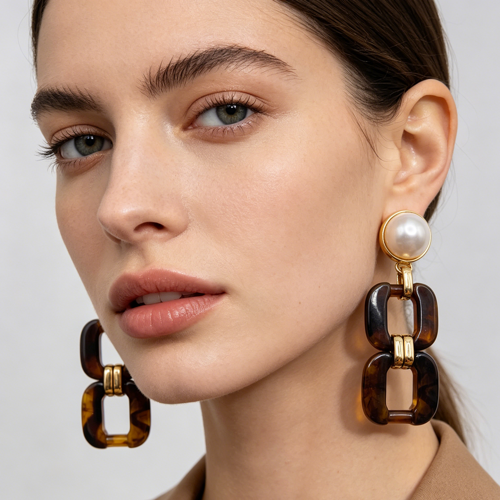 Pendientes Vintage Perla con Eslabón Resina Tortuga al Por Mayor | Joyería Moda Europea|JI JOYA