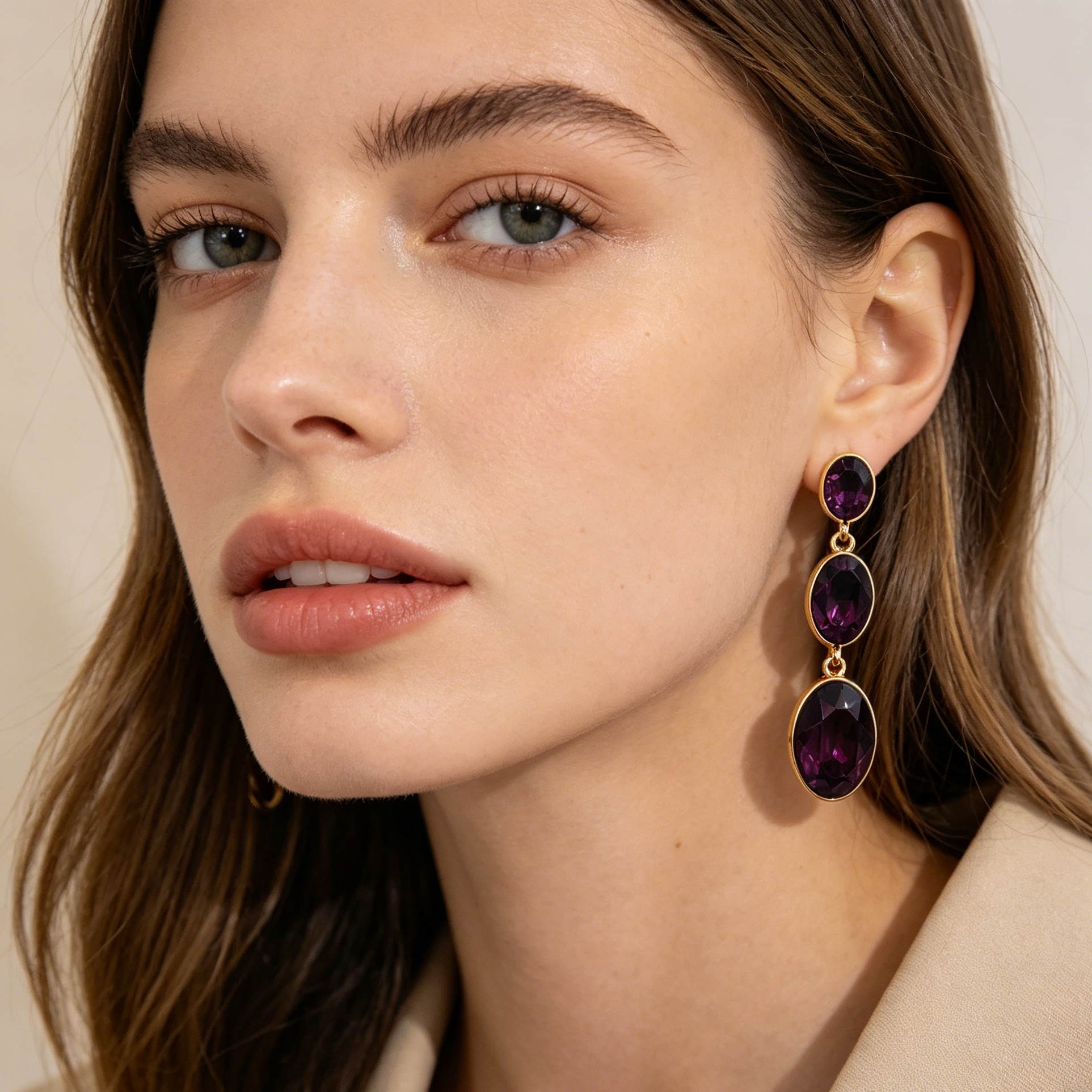 Aretes colgantes de cristal ovalado en 3 colores | Dorado | Joyería mayorista para mujer|JI JOYA