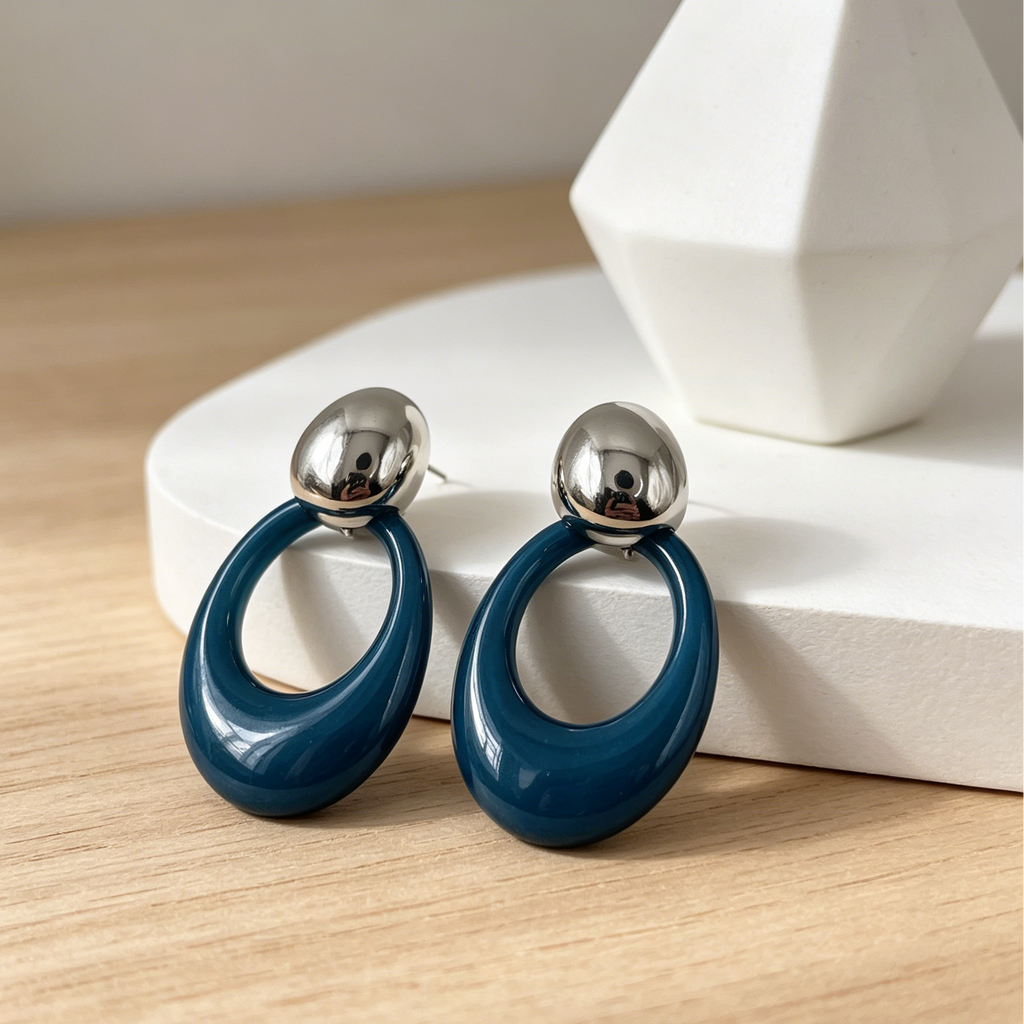 Pendientes Aro Resina Azul Dos Tonos Metal Plata y Oro | Mayorista Accesorios Moda Mujer al Por Mayor|JI JOYA