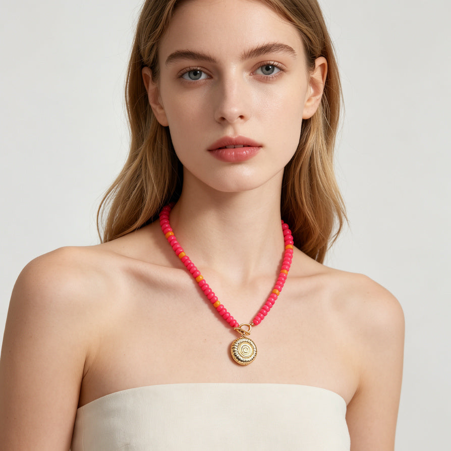 JI JOYA VENTA AL POR MAYOR|Mayorista Collar de Cuentas con Colgante de Caracol Dorado | 2 Colores (Azul/Verde Rosa/Naranja) Joyería Moda