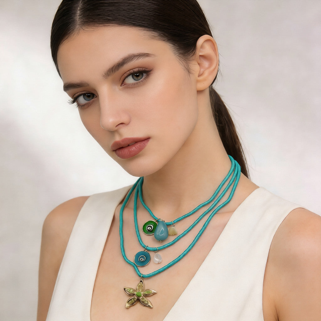 Trendy Three-Layer Fashion Necklace with Crystal and Metal Charms - Women's Statement Jewelry