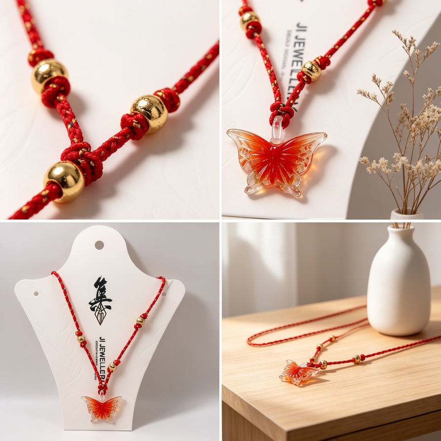 Collar de Cuerda Roja con Colgante de Mariposa de Cristal - Diseño Étnico y Moderno, Venta al Por Mayor|JI JOYA