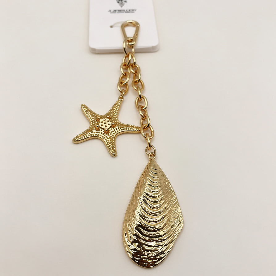 Llavero de Metal Dorado con Estrella de Mar y Concha | Accesorio Marino para Bolsos y Llaves - Mayorista|JI JOYA