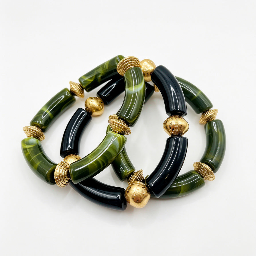 Pulseras de cuentas curvas de ágata con acabado dorado | Lote mayorista B2B, 2 colores disponibles|JI JOYA