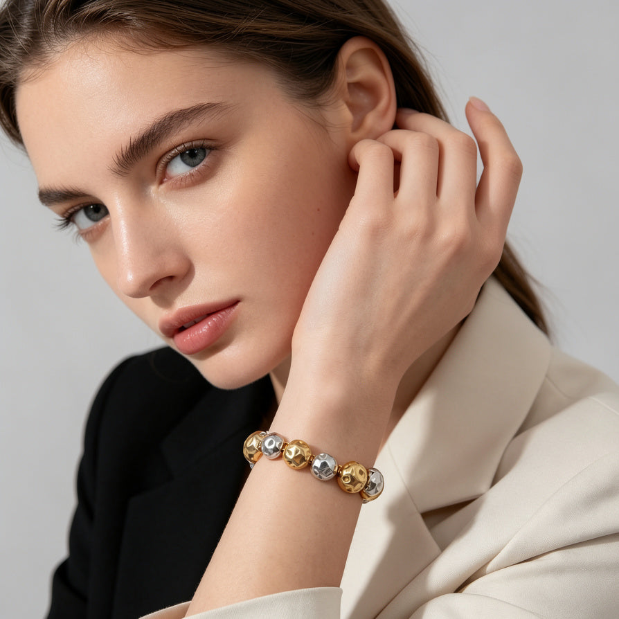 JI JOYA VENTA AL POR MAYOR|Conjunto de Joyas de Moda Mujer, Collar y Pulsera de Bolas en Oro y Plata| Pedido al Por Mayor