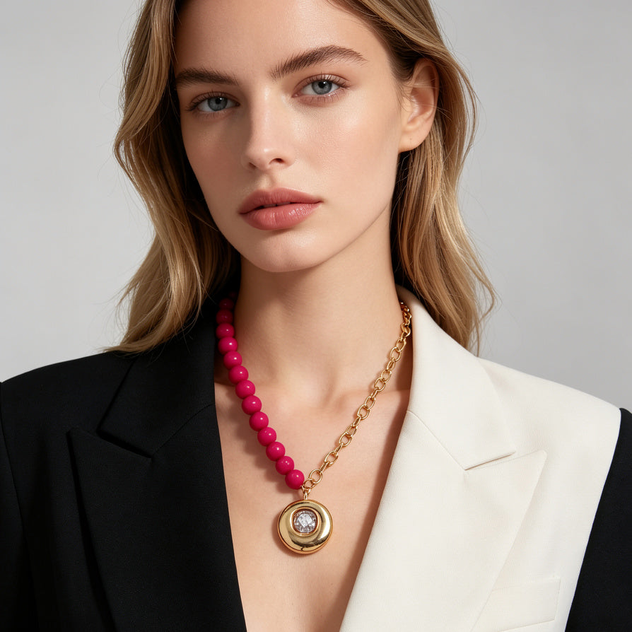 JI JOYA VENTA AL POR MAYOR|Collar Mayorista de Moda con Dije de Piedra & Cadena de Perlas, 2 Colores Disponibles (Rosa y Azul) - Joyería de Aleación de Zinc para Tiendas
