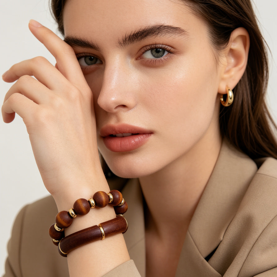 Pulsera de Madera con Detalles Dorados - Joyería Bohemia al Por Mayor|JI JOYA