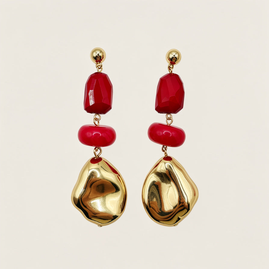Pendientes de gota geométrica con piedras de colores y detalles dorados al por mayor, 3 colores disponibles|JI JOYA
