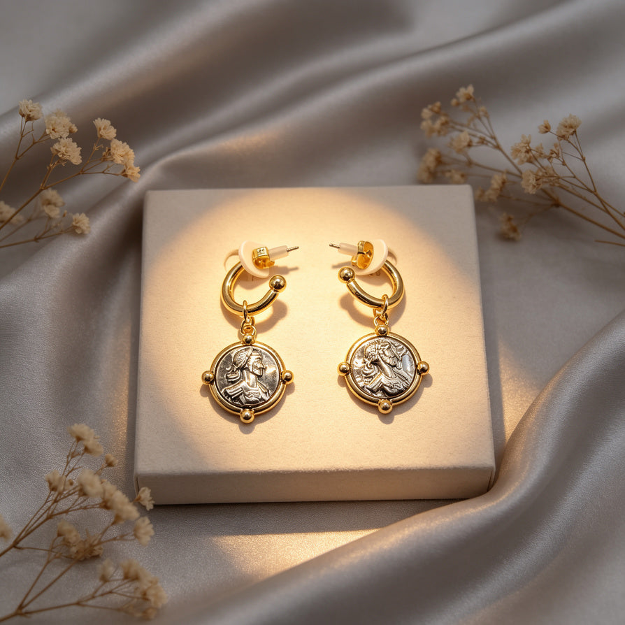 Pendientes de Moneda Romana Vintage Dorado y Plata - Joyería al por Mayor|JI JOYA