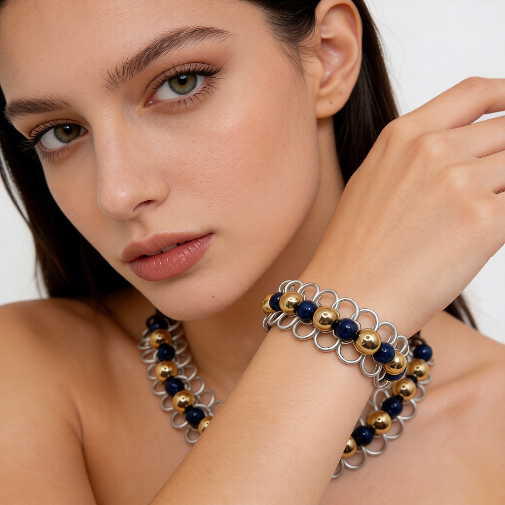 Collar de cadena bicolor de lapislázuli: joyería de lujo para mujer