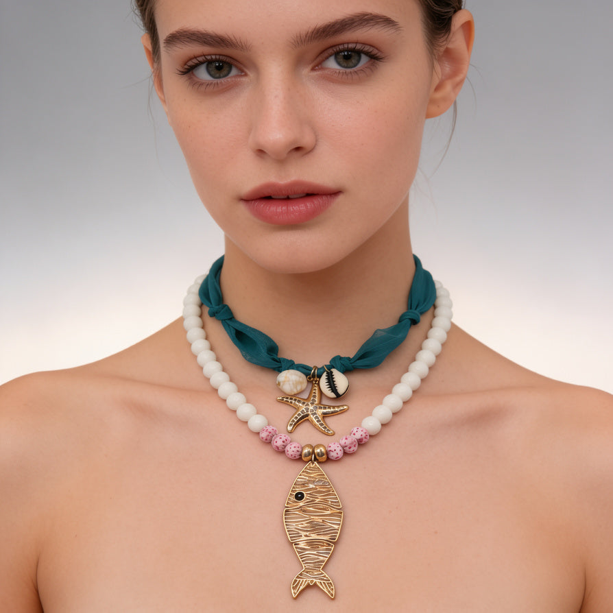Colar Boho de Estilo Marinho com Pendente de Peixe e Estrela do Mar - Colar de Contas para Mulher|JI JOYA