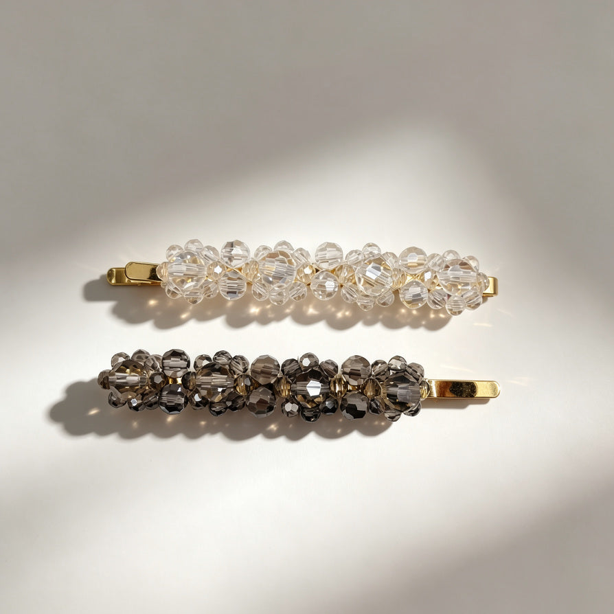 JI JEWELLERY Set de 2 Pasadores de Pelo de Cristal, Transparente y Humo, Para Mujer, Mayorista|JI JOYA