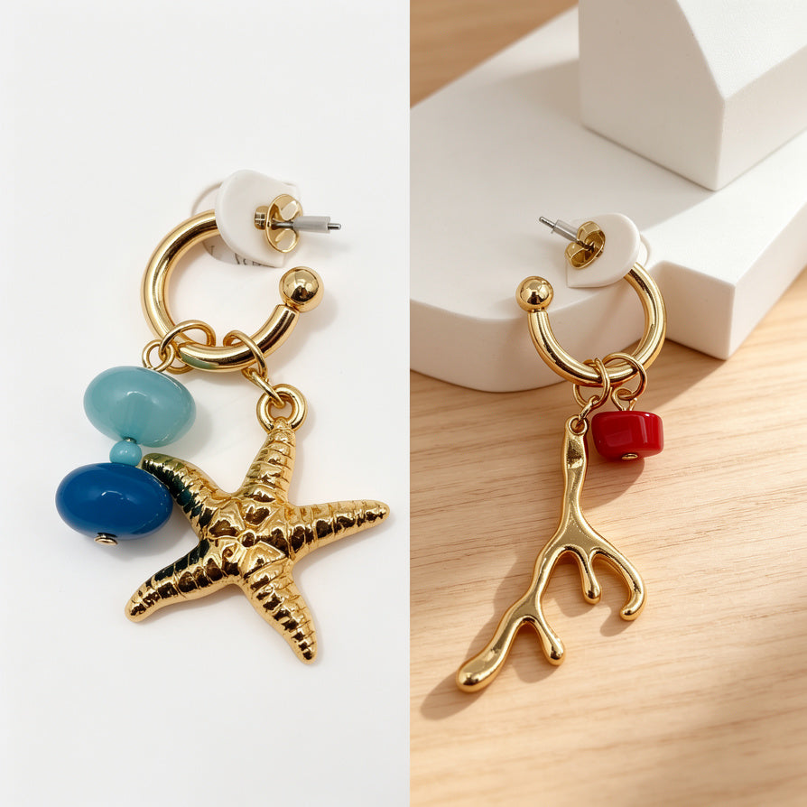 Pendientes Asimétricos Estrella de Mar y Coral, Diseño Marino Dorado, Joyería Mayorista|JI JOYA