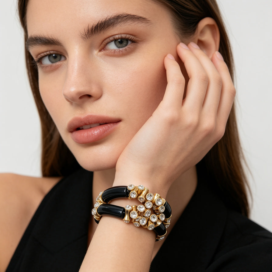 Pulsera Elástica de Moda con Circonitas y Detalles en Negro Brillante | Venta al Por Mayor (Plata/Oro)|JI JOYA