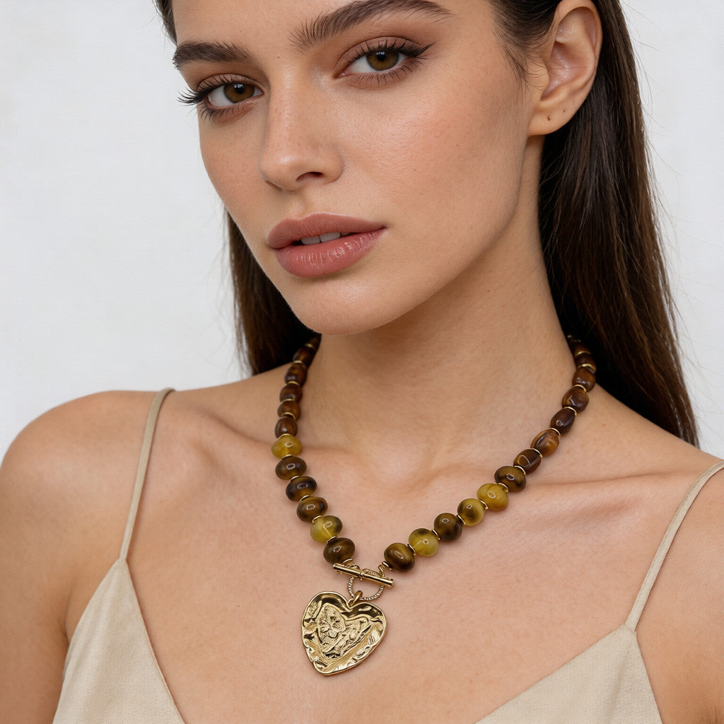Collar de ojo de tigre con forma de corazón | Cadena de clavícula vintage de lujo con piedra natural