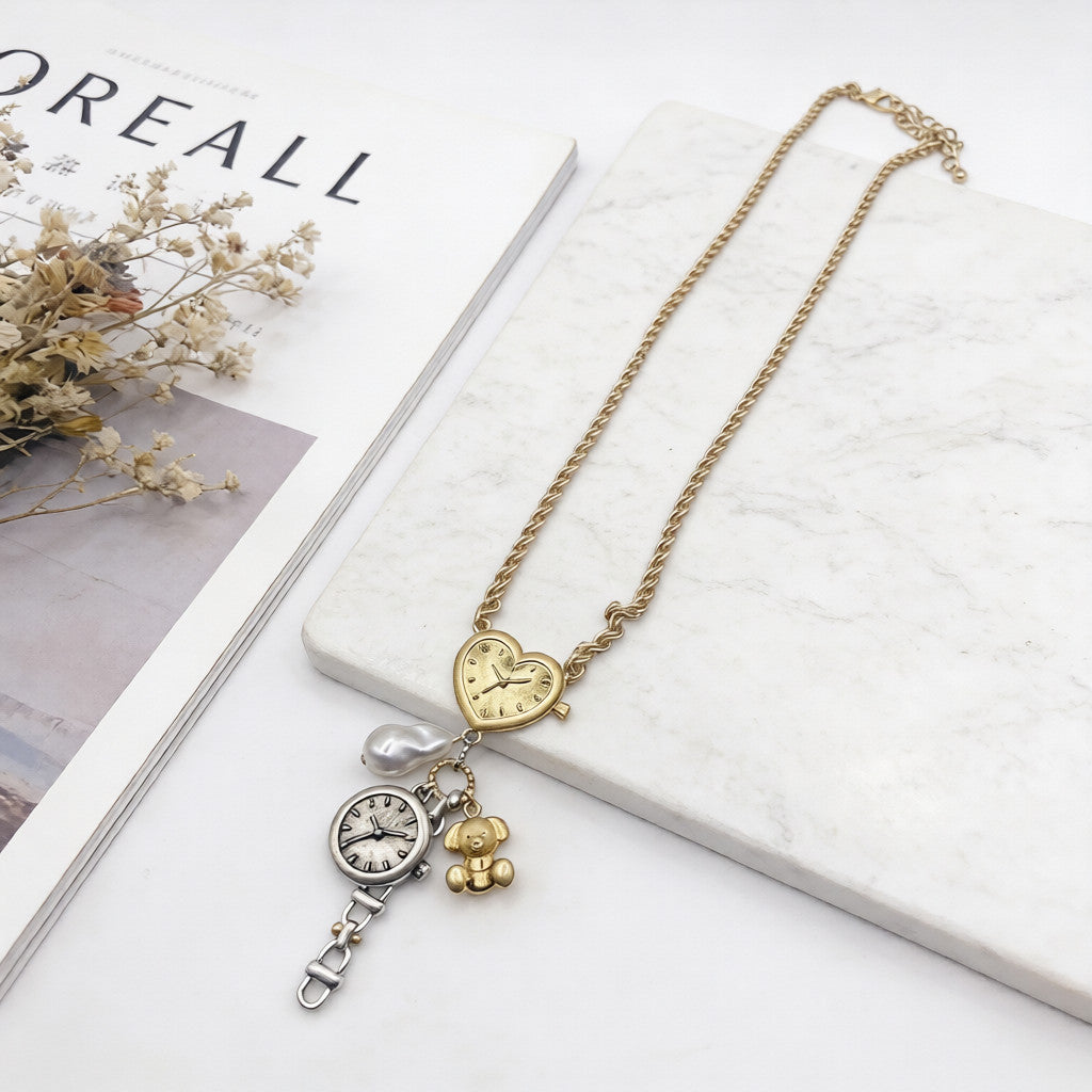 Collar vintage con dije de reloj de corazón | Collar con colgante de oso de perla de metal mixto para mujer | Collar retro con capas de oro y plata