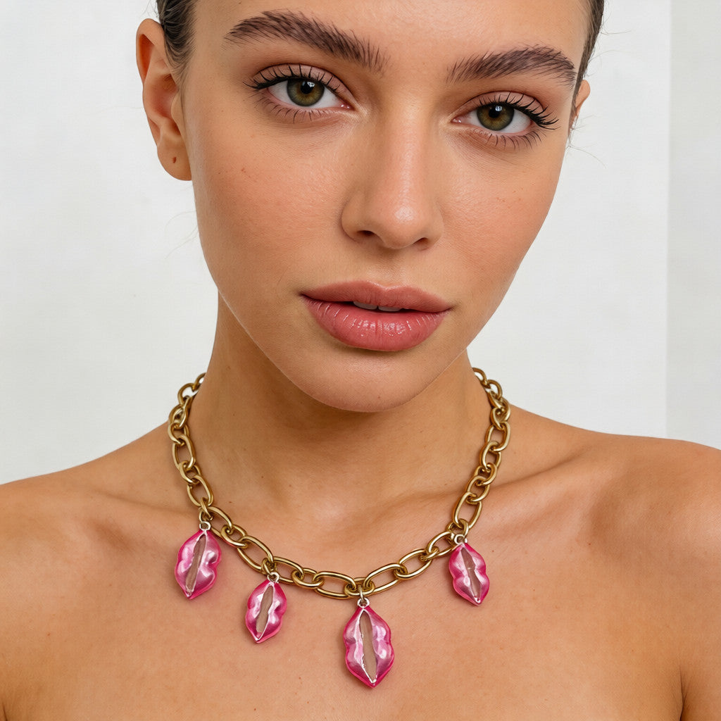 Collar Statement con Dijes de Labios Rosas - Accesorio de Moda para Mujer