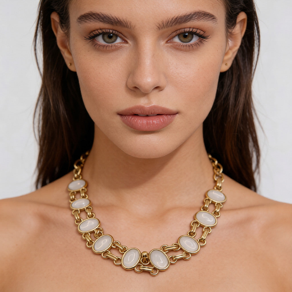 Conjunto de Joias de Corrente de Ouro com Pedras Ovais - Colar e Pulseira