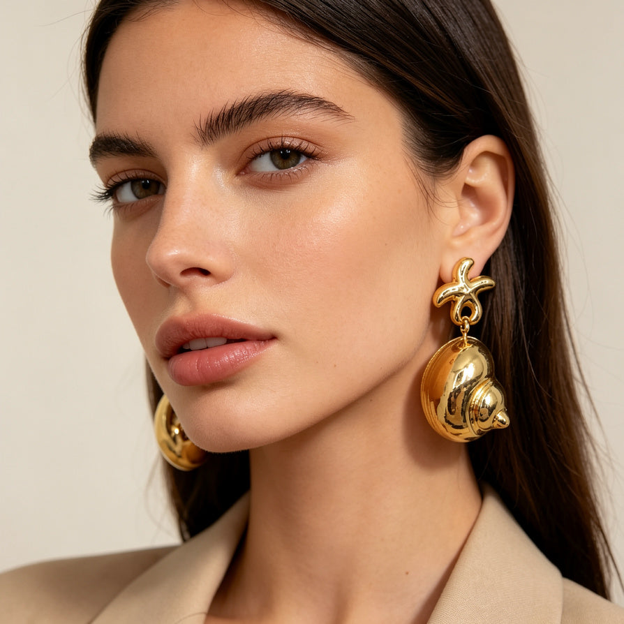 Pendientes de Estrella de Mar y Caracol Dorados | Joyería al por mayor B2B, Diseño Minimalista de Moda|JI JOYA