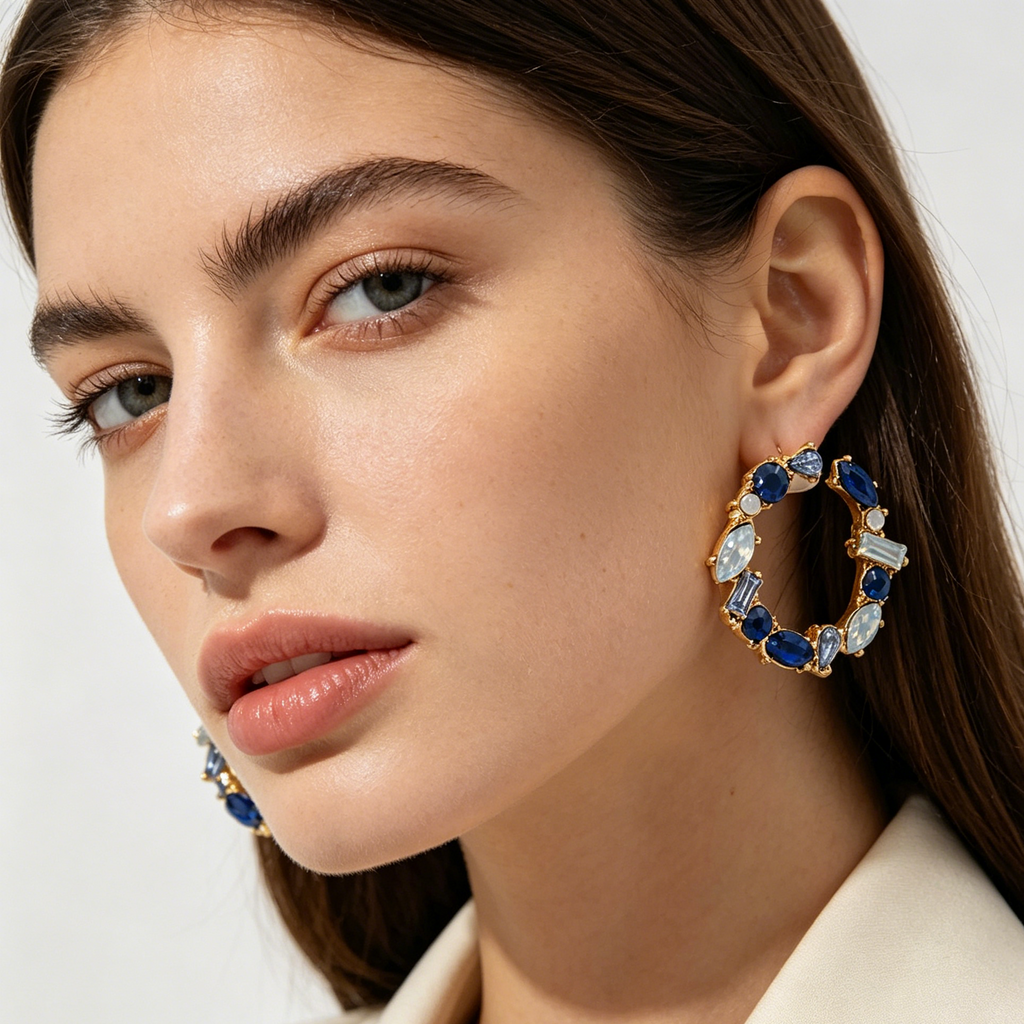 Pendientes Arco C Dorado con Cristal Multicolor, Pendientes Aro Abierto de Piedra Sintética al Por Mayor | Joyería Mayorista JI JOYA
