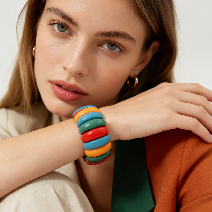 JI JOYA VENTA AL POR MAYOR|Pulsera Elástica de Resina Multicolor | Brazalete Retro Colorido para Mujer | Moda Verano Mayorista