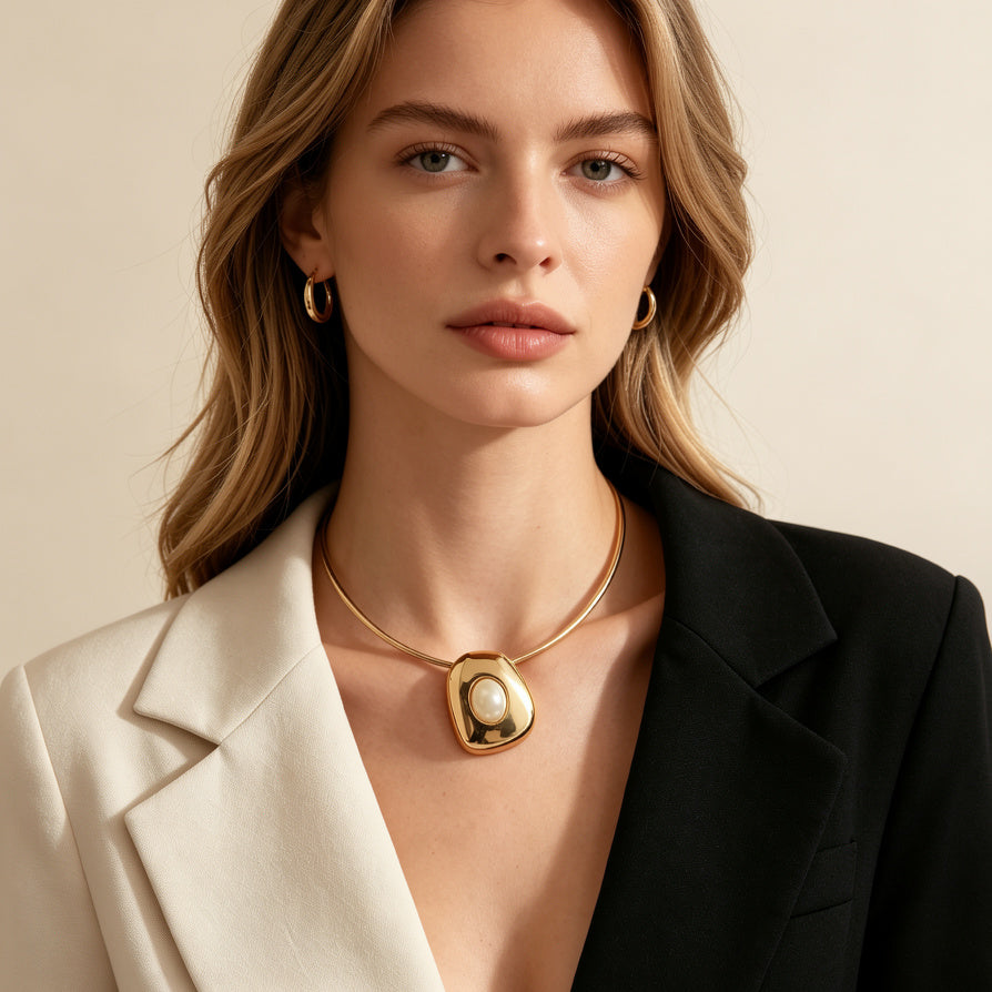 JI JOYA VENTA AL POR MAYOR|Collar de Gargantilla con Colgante Ovalado - Joyería Dorada de Moda al Por Mayor (Verde, Naranja, Blanco)