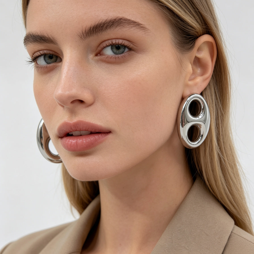 Pendientes Minimalistas de Forma Ovalada Doble, Chapados en Oro y Plata, Venta al Por Mayor | Moda 2026|JI JOYA