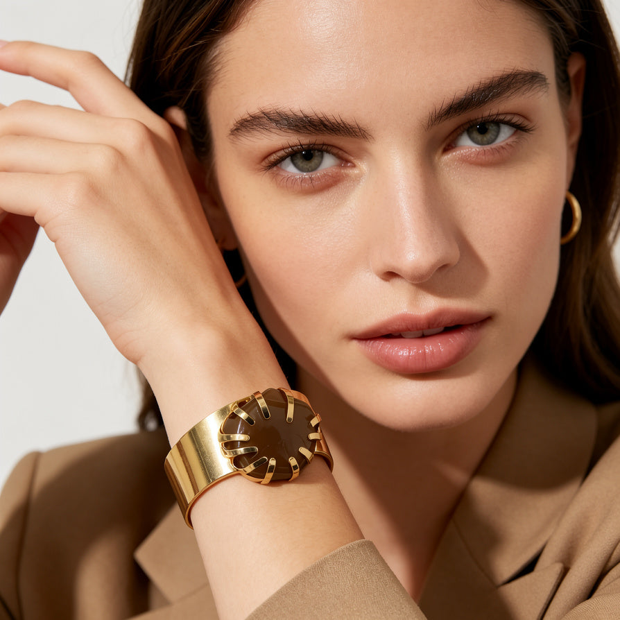 Pulsera Brazalete de Apertura con Piedra Resina Envolvente, Diseño de Lujo en Oro, Mayorista - Varios Colores|JI JOYA