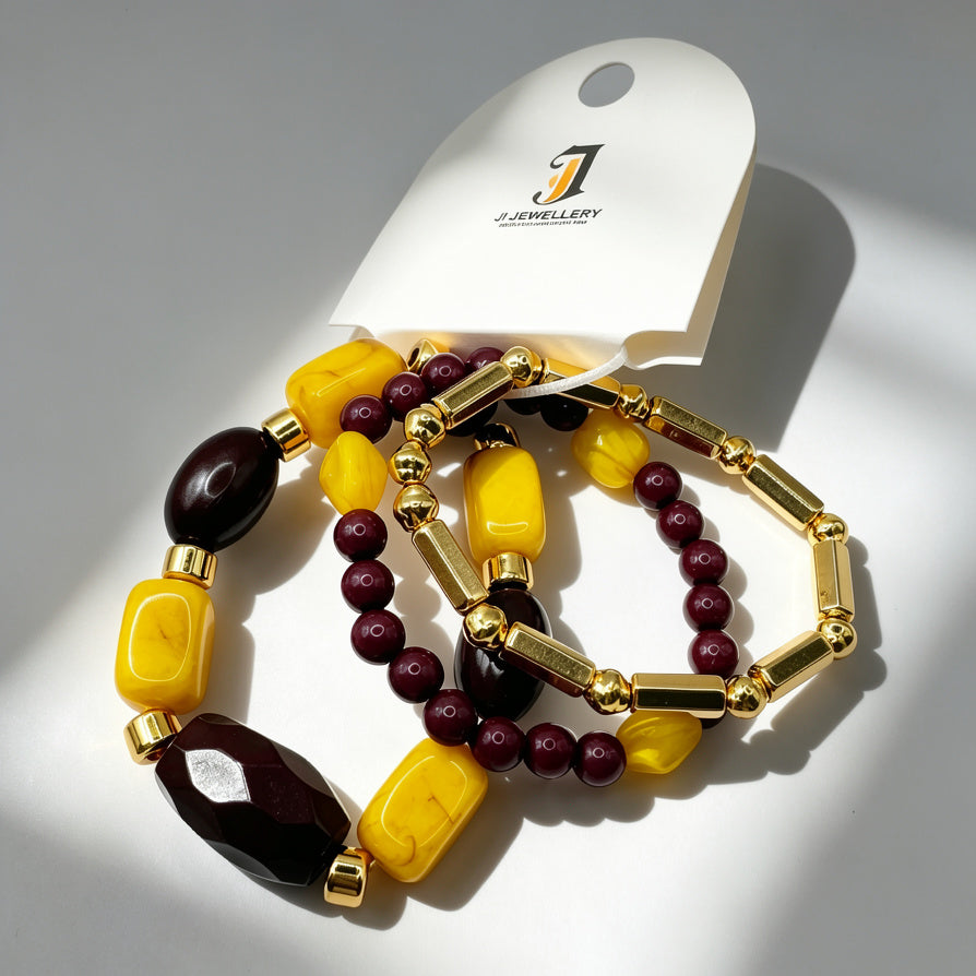 Pulseras de Moda en Resina y Aleación Dorada | Juego de 3 Piezas Amarillo y Borgoña | Joyería al Por Mayor|JI JOYA