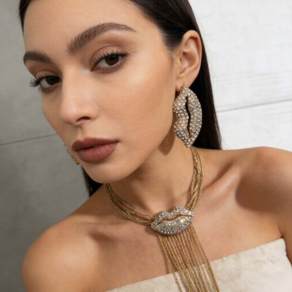 Collar de Labios de Cristal con Flecos Dorados - Joyería de Lujo para Fiesta