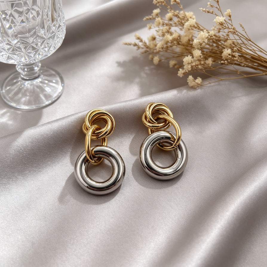 Pendientes de cadena geométrica bicolor, aleación de zinc, joyería fast fashion al por mayor|JI JOYA