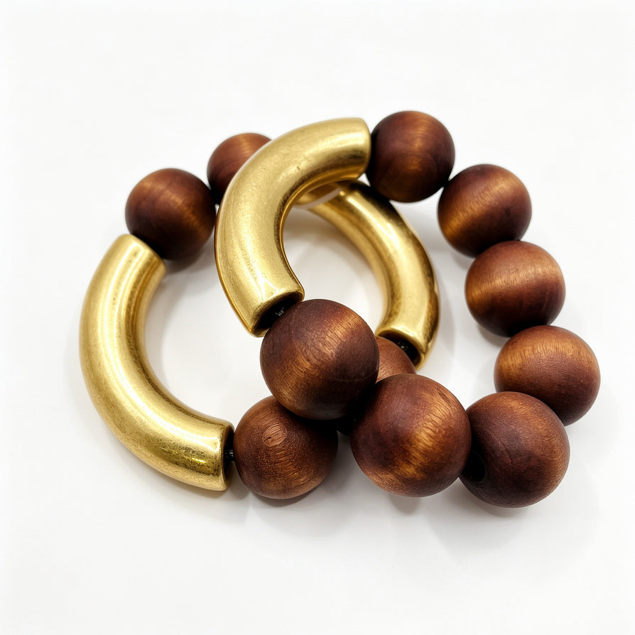 Pulsera de Madera Natural con Detalles Dorados - Mayorista | 2 Colores Disponibles|JI JOYA