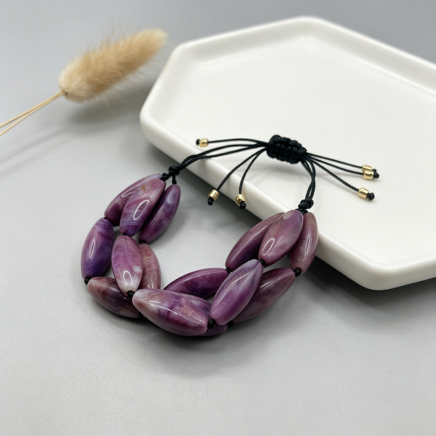 Set de Joyería al Por Mayor Collar Pulsera Pendientes, Cuentas Elípticas Marmoladas, 2 Tonos Morado y Azul Marino|JI JOYA