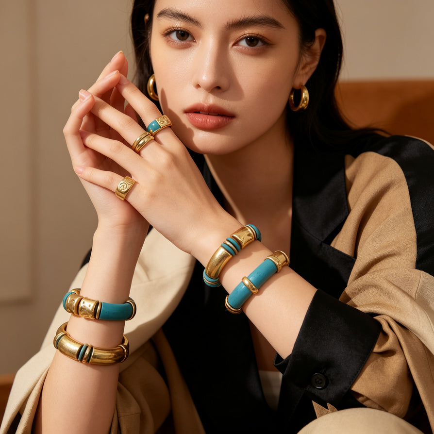 Pulseras Elásticas de Oro y Turquesa - Juego de 3 Piezas | Joyería de Moda para Mujer - Venta al Por Mayor|JI JOYA