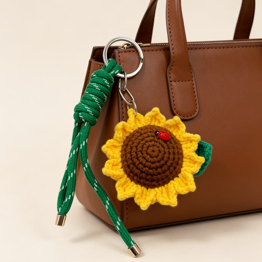 Llavero de Girasol Tejido a Mano, Llavero de Crochet con Mariquita, Accesorio para Bolsa y Llaves, Mayorista|JI JOYA