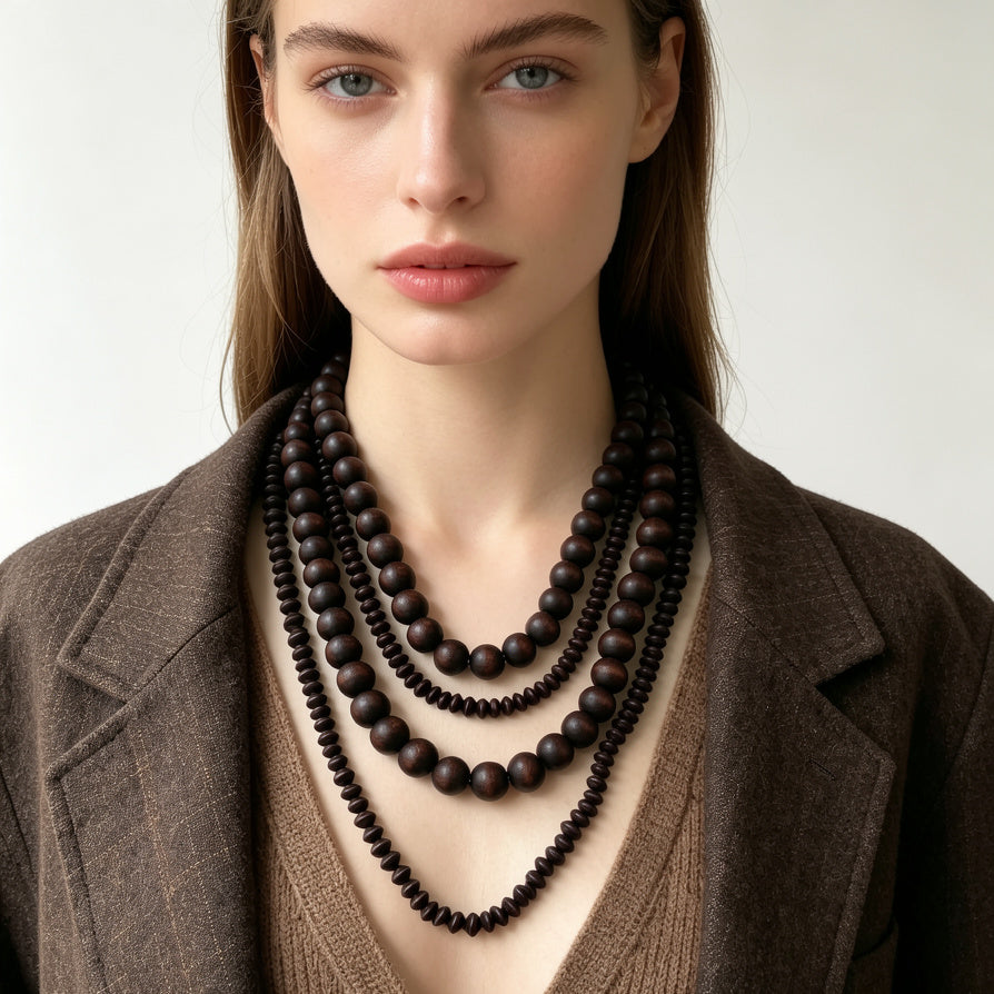 Collar de Madera de 4 Capas, Collar Largo Boho para Mujer, Joyería Étnica Minimalista|JI JOYA