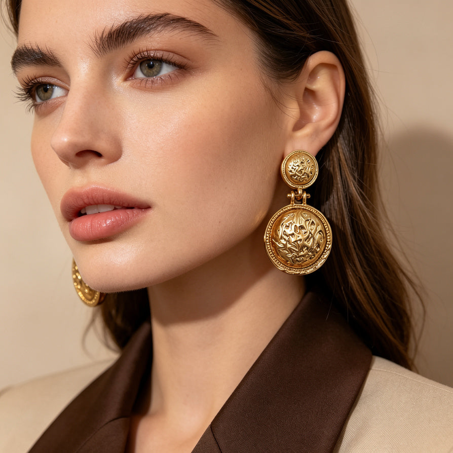 Pendientes Árabes Vintage Moneda, Bisutería de Aleación de Zinc de Moda Mayorista, Pendientes Doble Círculo Lujo para Mujer|JI JOYA