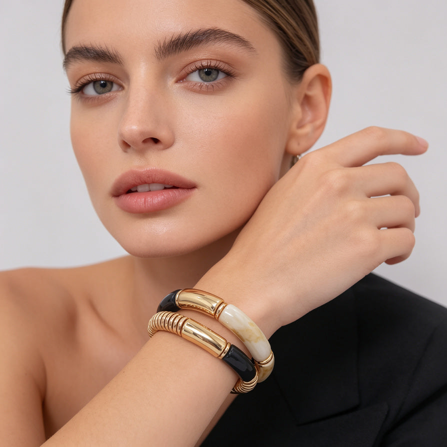 Set de 3 Pulseras Elásticas de Resina y Metal Dorado - Joyería Moda Mayorista|JI JOYA